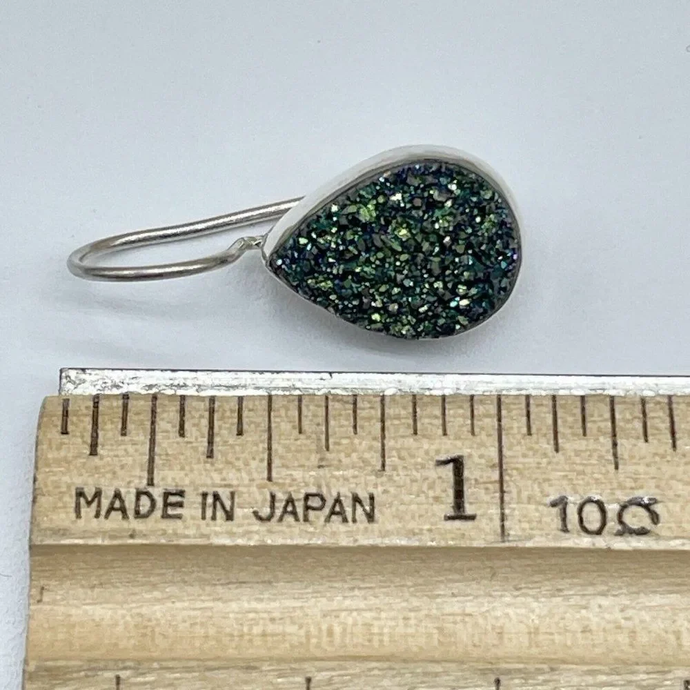 Green Drusy Sterling Silver Earrings Pear Shaped Drop Peacock Himalayan Gems - Picture 6 of 6